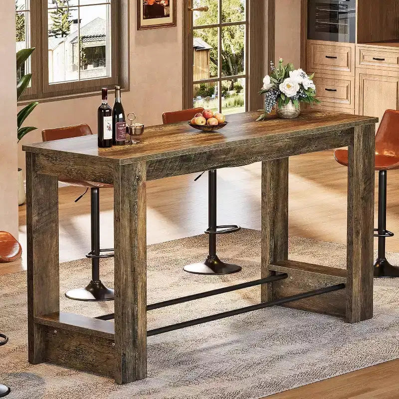 Table de bar haute Lantine de 160 cm, Table de pub de 95 cm de hauteur de comptoir avec repose-pieds en métal, Longue unité de bar pour cuisine, bistro ou restaurant