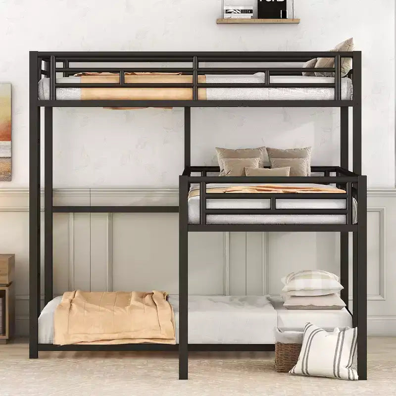 ModernLuxe Lits superposés triples en métal en forme de L, lit superposé triple industriel peu encombrant avec échelles et garde-corps complets, noir