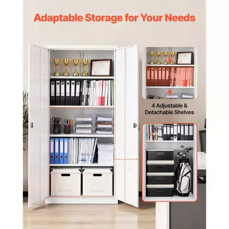 Armoire de rangement en métal VEVOR, armoire de garage en acier verrouillable de 175 cm avec 4 étagères réglables, 2 portes magnétiques, 2 clés, rangement d'outils à 5 niveaux, blanc