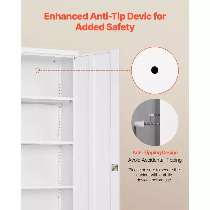 Armoire de rangement en métal VEVOR, armoire de garage en acier verrouillable de 175 cm avec 4 étagères réglables, 2 portes magnétiques, 2 clés, rangement d'outils à 5 niveaux, blanc