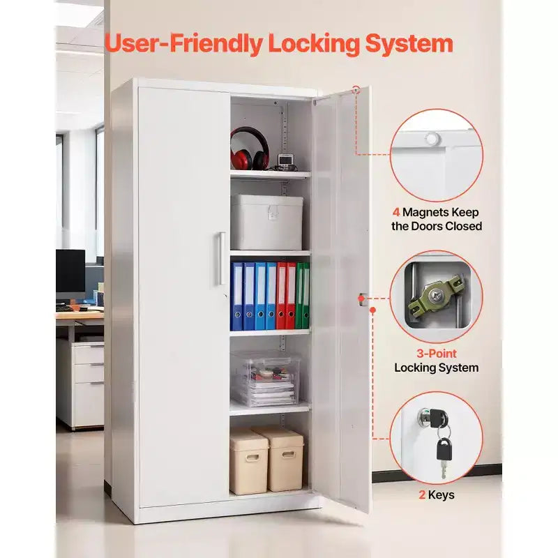 Armoire de rangement en métal VEVOR, armoire de garage en acier verrouillable de 175 cm avec 4 étagères réglables, 2 portes magnétiques, 2 clés, rangement d'outils à 5 niveaux, blanc