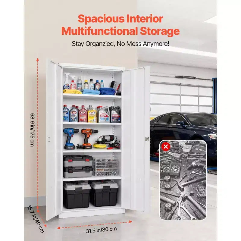 Armoire de rangement en métal VEVOR, armoire de garage en acier verrouillable de 175 cm avec 4 étagères réglables, 2 portes magnétiques, 2 clés, rangement d'outils à 5 niveaux, blanc