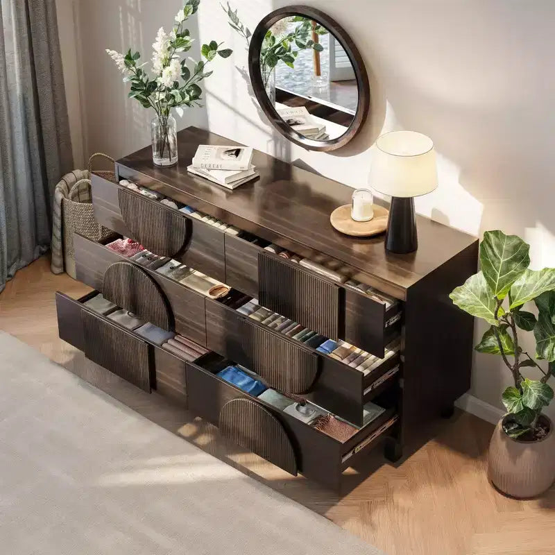 Commode Whisen à 6 tiroirs, design géométrique moderne, buffet de rangement large à accents demi-cercle pour chambre et salon