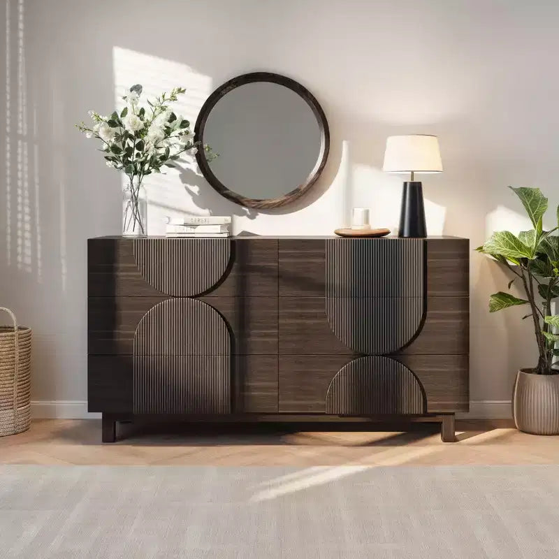 Commode Whisen à 6 tiroirs, design géométrique moderne, buffet de rangement large à accents demi-cercle pour chambre et salon