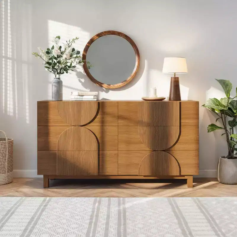 Commode Whisen à 6 tiroirs, design géométrique moderne, buffet de rangement large à accents demi-cercle pour chambre et salon