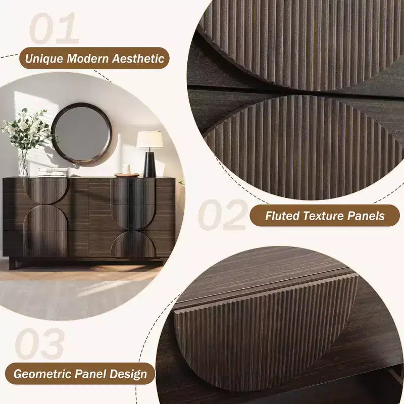 Commode Whisen à 6 tiroirs, design géométrique moderne, buffet de rangement large à accents demi-cercle pour chambre et salon