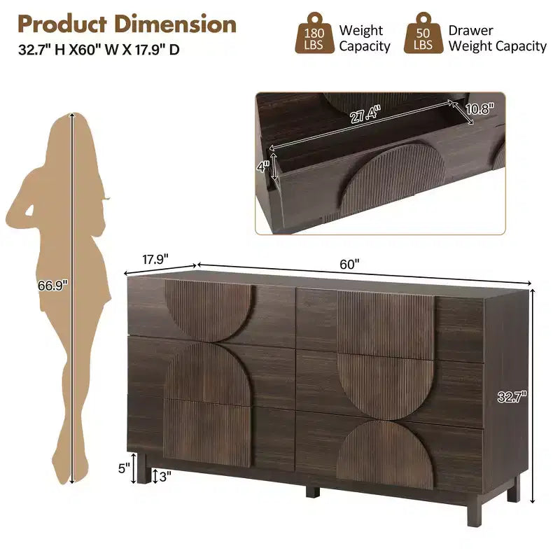 Commode Whisen à 6 tiroirs, design géométrique moderne, buffet de rangement large à accents demi-cercle pour chambre et salon