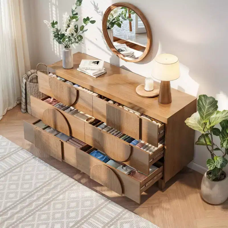 Commode Whisen à 6 tiroirs, design géométrique moderne, buffet de rangement large à accents demi-cercle pour chambre et salon