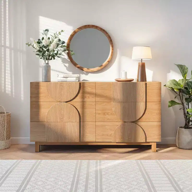 Commode Whisen à 6 tiroirs, design géométrique moderne, buffet de rangement large à accents demi-cercle pour chambre et salon