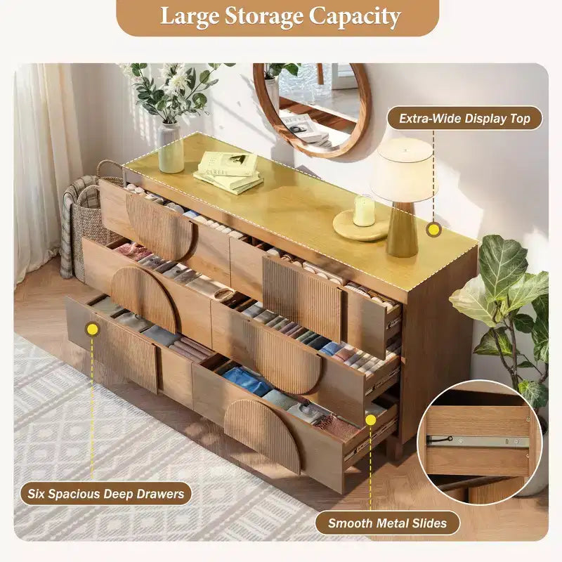 Commode Whisen à 6 tiroirs, design géométrique moderne, buffet de rangement large à accents demi-cercle pour chambre et salon