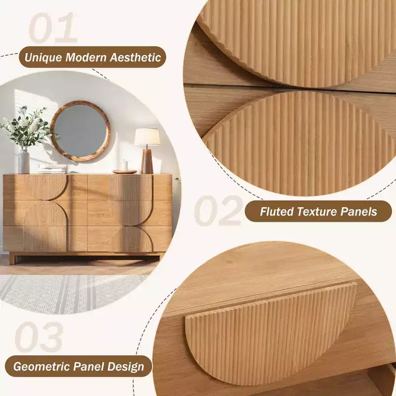 Commode Whisen à 6 tiroirs, design géométrique moderne, buffet de rangement large à accents demi-cercle pour chambre et salon