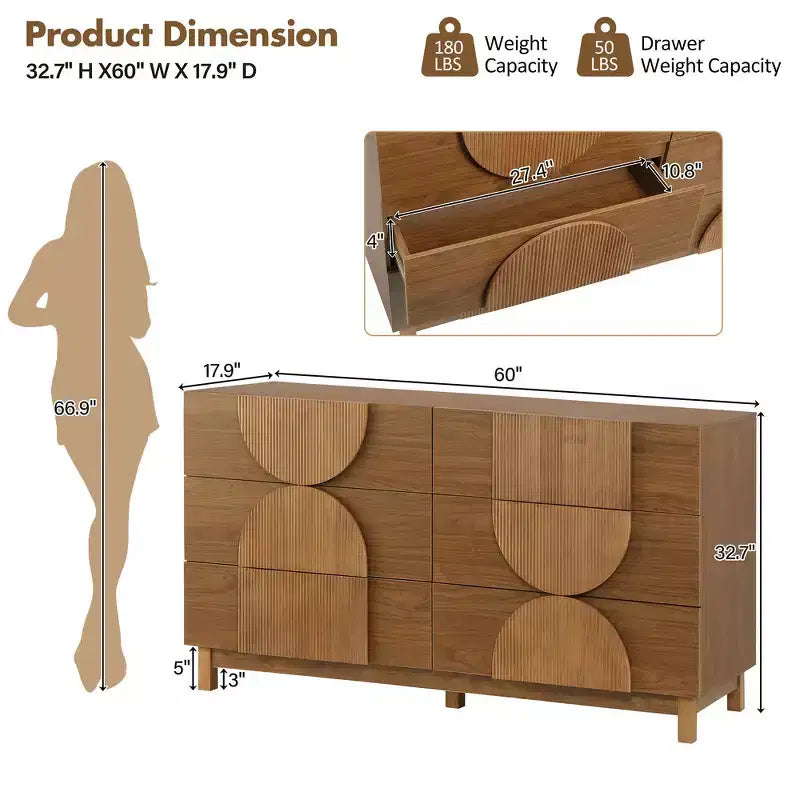Commode Whisen à 6 tiroirs, design géométrique moderne, buffet de rangement large à accents demi-cercle pour chambre et salon