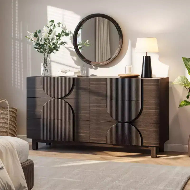 Commode Whisen à 6 tiroirs, design géométrique moderne, buffet de rangement large à accents demi-cercle pour chambre et salon