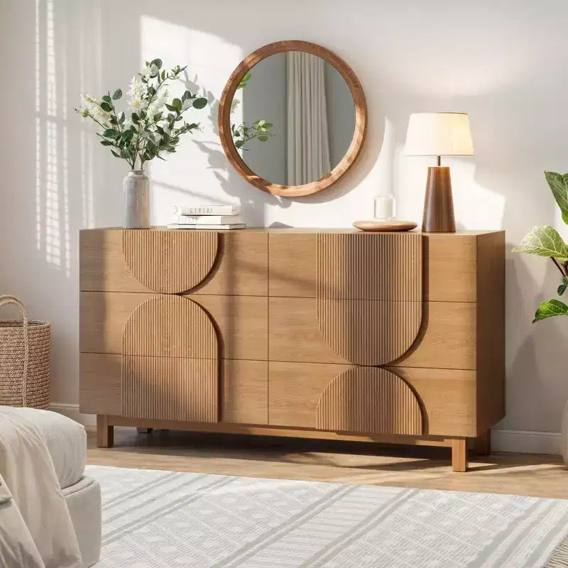 Commode Whisen à 6 tiroirs, design géométrique moderne, buffet de rangement large à accents demi-cercle pour chambre et salon