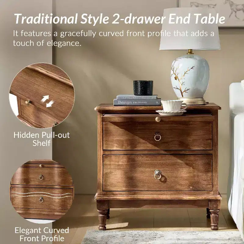 Table d'appoint traditionnelle Honorio en bois massif à 2 tiroirs avec prise de courant intégrée|HULALA HOME