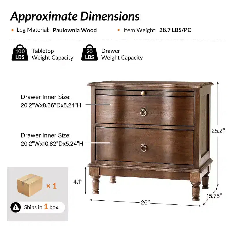 Table d'appoint traditionnelle Honorio en bois massif à 2 tiroirs avec prise de courant intégrée|HULALA HOME