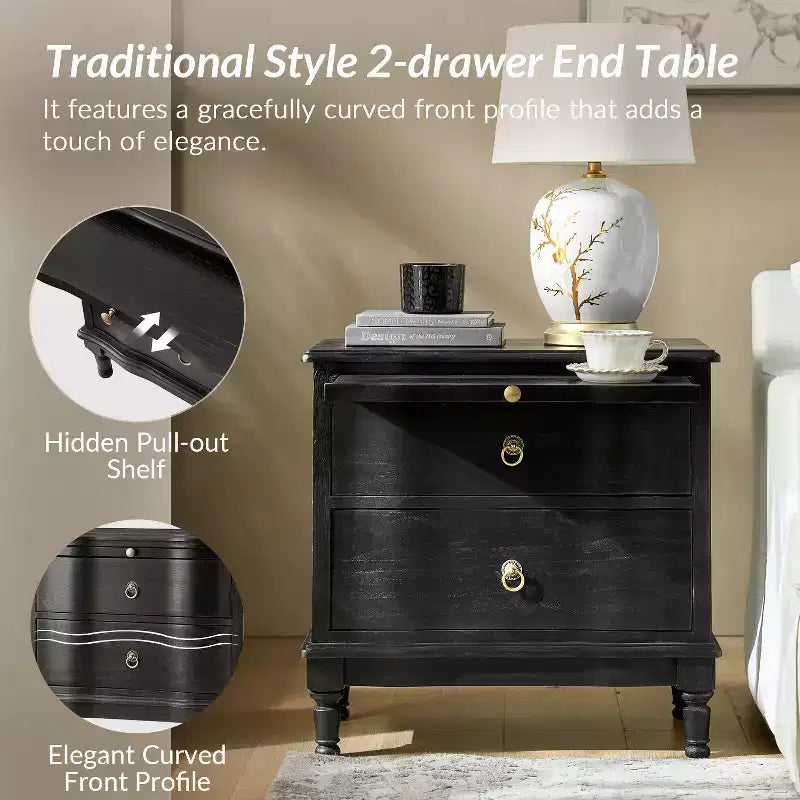 Table d'appoint traditionnelle Honorio en bois massif à 2 tiroirs avec prise de courant intégrée|HULALA HOME
