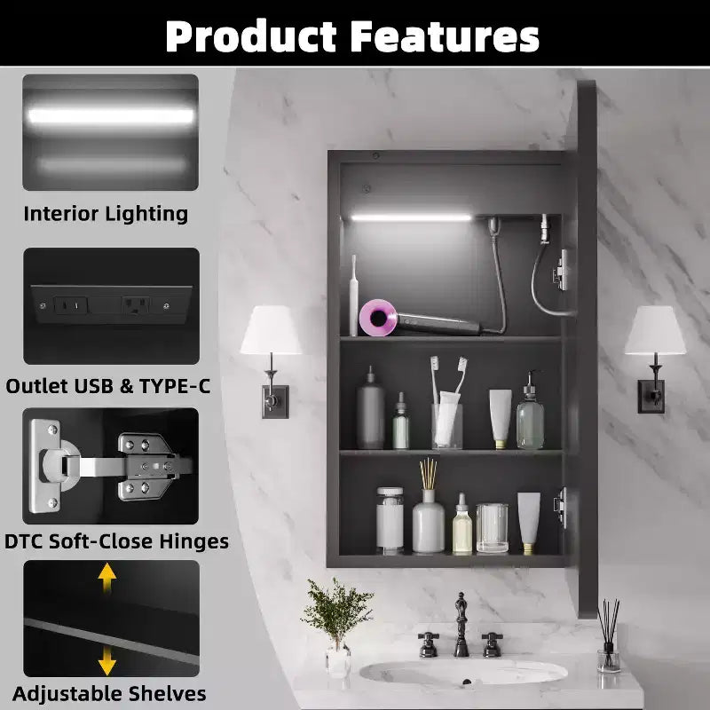 Meuble-lavabo rectangulaire en fer FAMYYT de 16 po de large x 28 po de haut avec miroir, lumière LED à intensité variable, anti-buée et prises de courant - Entièrement assemblé