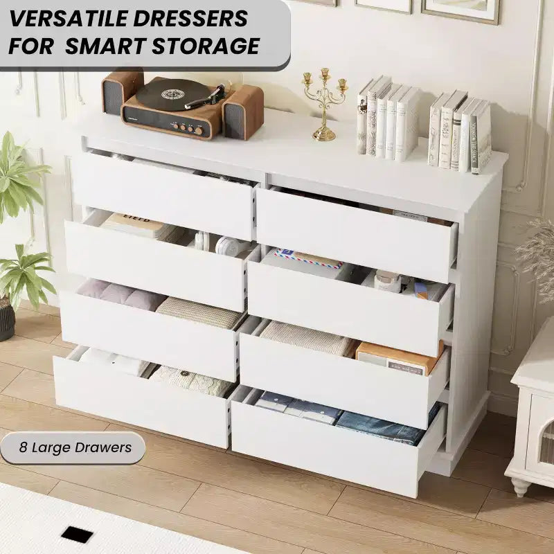 Commode double 8 tiroirs, en bois moderne et large, dispositif anti-basculement, grand meuble de rangement pour vêtements, pour salon, entrée