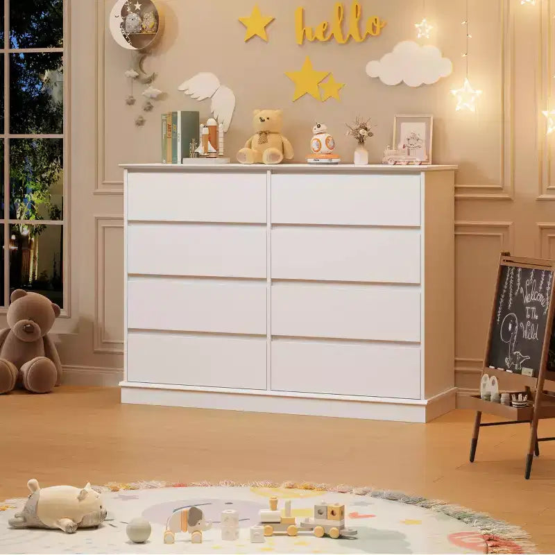 Commode double 8 tiroirs, en bois moderne et large, dispositif anti-basculement, grand meuble de rangement pour vêtements, pour salon, entrée