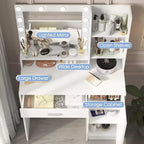Coiffeuse blanche avec miroir et lumières, meuble de rangement et étagères, étagères ouvertes pour chambre à coucher, éclairage à intensité variable