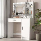 Coiffeuse blanche avec miroir et lumières, meuble de rangement et étagères, étagères ouvertes pour chambre à coucher, éclairage à intensité variable