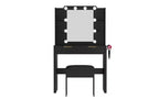 Coiffeuse moderne avec miroir et lumières, 2 tiroirs, station de charge avec Type-C, support pour sèche-cheveux et tabouret assorti pour petits espaces