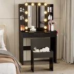 Coiffeuse moderne avec miroir et lumières, 2 tiroirs, station de charge avec Type-C, support pour sèche-cheveux et tabouret assorti pour petits espaces