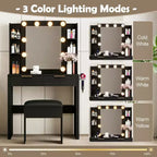 Coiffeuse moderne avec miroir et lumières, 2 tiroirs, station de charge avec Type-C, support pour sèche-cheveux et tabouret assorti pour petits espaces