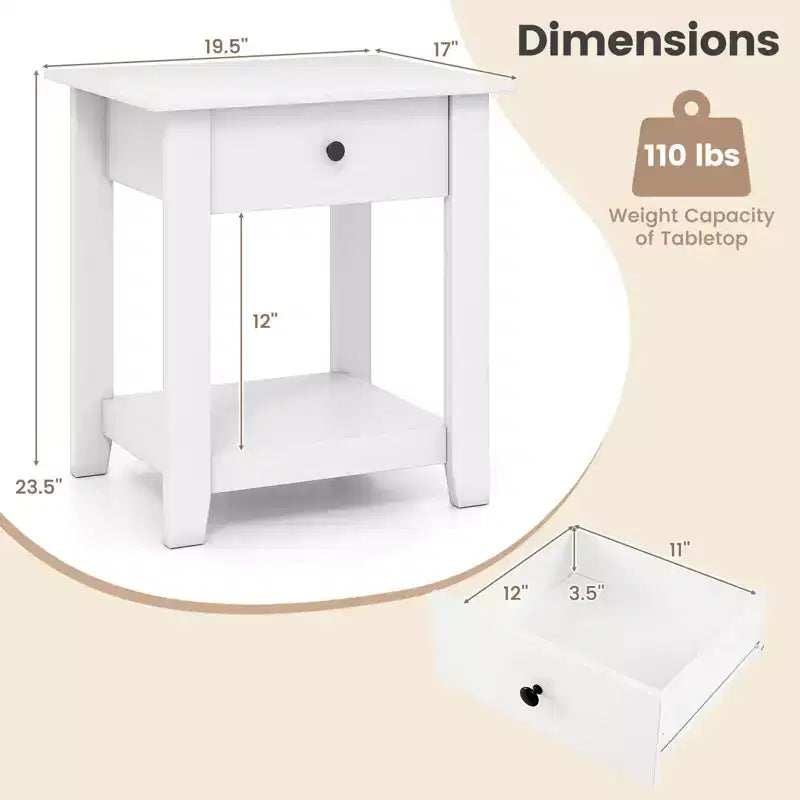 Costway Table de Chevet 1/2 PCS avec Tiroir, Table de Chevet Moderne à 3 Niveaux avec Étagère Ouverte pour Chambre à Coucher Blanc/Noir