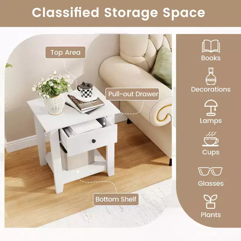 Costway Table de Chevet 1/2 PCS avec Tiroir, Table de Chevet Moderne à 3 Niveaux avec Étagère Ouverte pour Chambre à Coucher Blanc/Noir