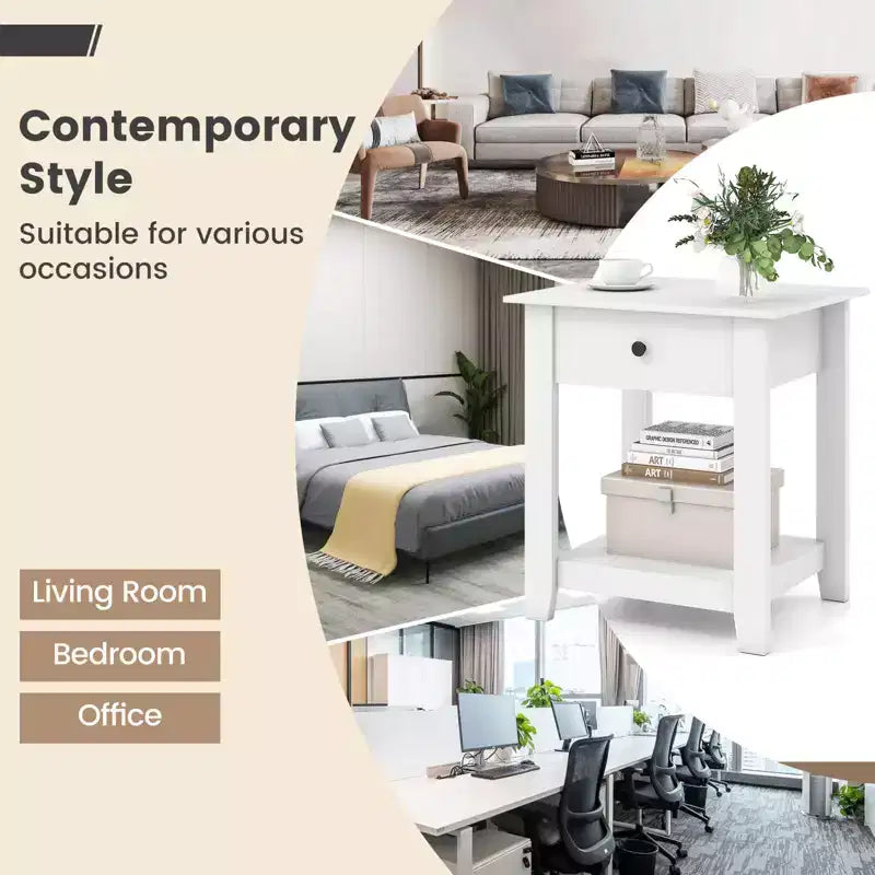 Costway Table de Chevet 1/2 PCS avec Tiroir, Table de Chevet Moderne à 3 Niveaux avec Étagère Ouverte pour Chambre à Coucher Blanc/Noir