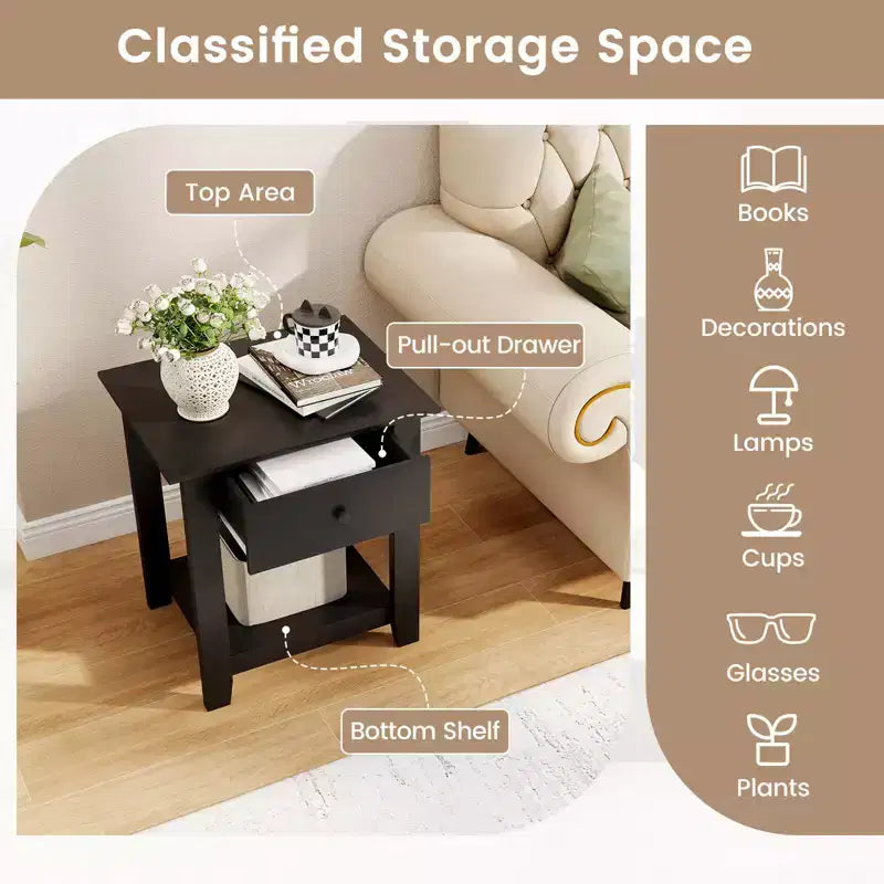 Costway Table de Chevet 1/2 PCS avec Tiroir, Table de Chevet Moderne à 3 Niveaux avec Étagère Ouverte pour Chambre à Coucher Blanc/Noir