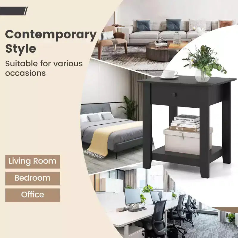 Costway Table de Chevet 1/2 PCS avec Tiroir, Table de Chevet Moderne à 3 Niveaux avec Étagère Ouverte pour Chambre à Coucher Blanc/Noir