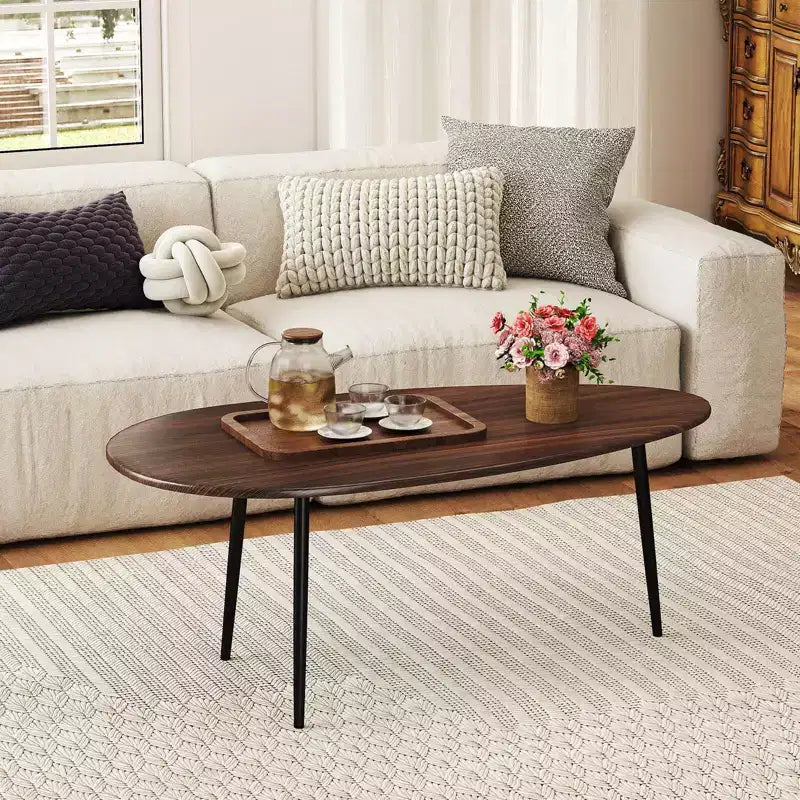Table basse ovale Costway avec construction métallique robuste et design compact, table de canapé rétro Noyer/Naturel/Gris/Noir