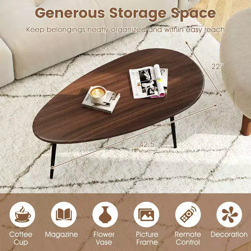 Table basse ovale Costway avec construction métallique robuste et design compact, table de canapé rétro Noyer/Naturel/Gris/Noir
