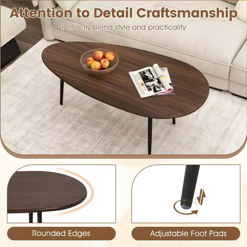 Table basse ovale Costway avec construction métallique robuste et design compact, table de canapé rétro Noyer/Naturel/Gris/Noir