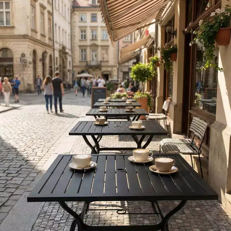 Table à manger de terrasse durable en lattes d'acier, table de bistro carrée d'extérieur pour le jardin et les meubles de patio
