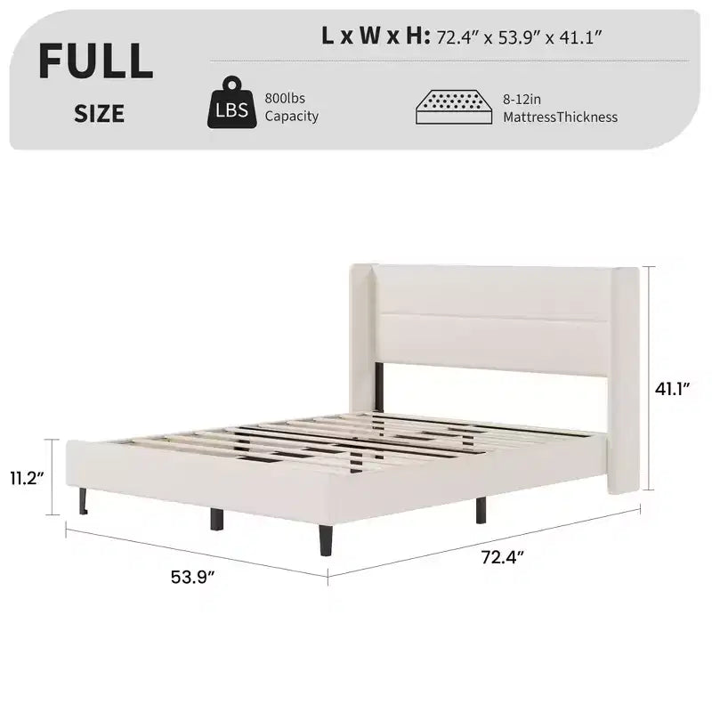 Cadre de lit double avec tête de lit capitonnée à oreilles, cadre de lit plateforme en velours, support à lattes en bois, pas besoin de sommier tapissier, sans bruit, beige