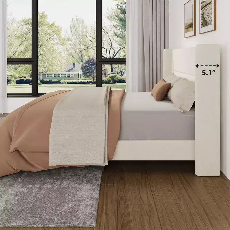 Cadre de lit double avec tête de lit capitonnée à oreilles, cadre de lit plateforme en velours, support à lattes en bois, pas besoin de sommier tapissier, sans bruit, beige