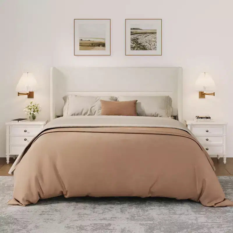 Cadre de lit double avec tête de lit capitonnée à oreilles, cadre de lit plateforme en velours, support à lattes en bois, pas besoin de sommier tapissier, sans bruit, beige