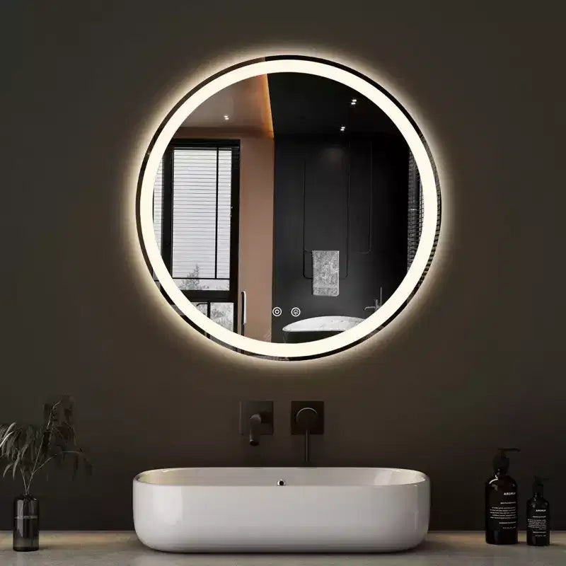 JIONJOY Round Anti-Fog LED Bathroom Mirror with Frame, 3 Light Colors & Dimmable Brightness for Bathroom Vanity