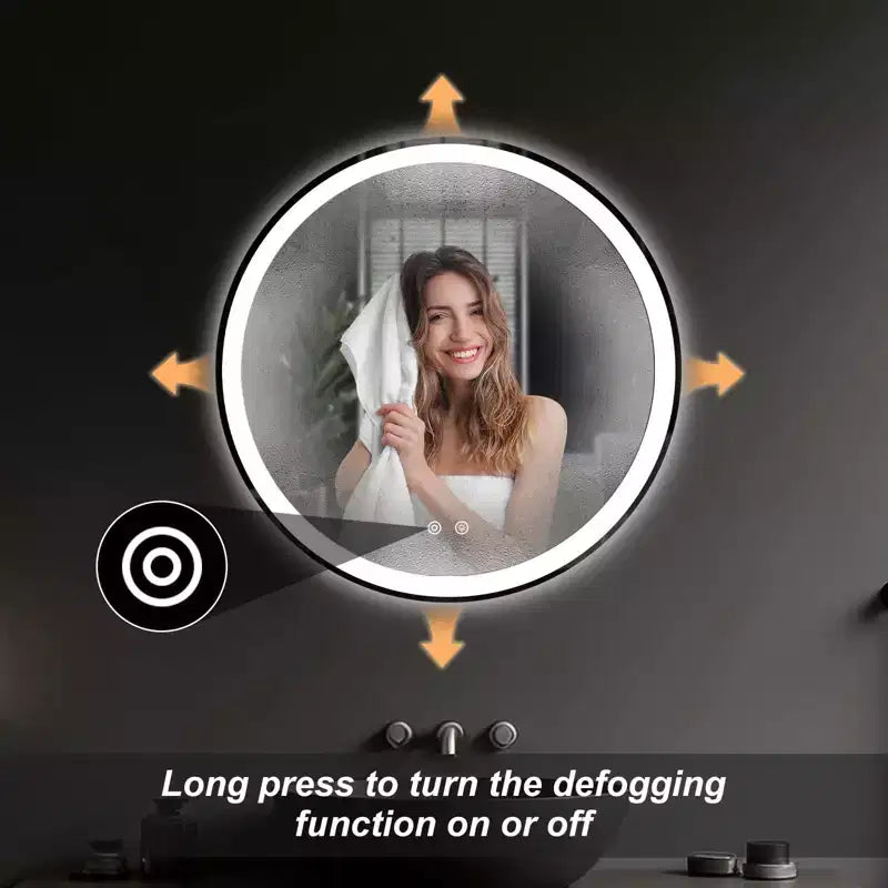 Miroir de salle de bain LED rond JIONJOY anti-buée avec cadre, 3 couleurs de lumière et luminosité variable pour coiffeuse de salle de bain