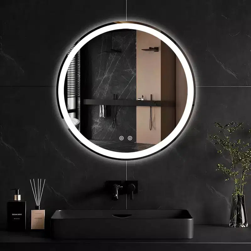 Miroir de salle de bain LED rond JIONJOY anti-buée avec cadre, 3 couleurs de lumière et luminosité variable pour coiffeuse de salle de bain