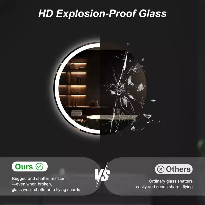 Miroir de salle de bain LED rond JIONJOY anti-buée avec cadre, 3 couleurs de lumière et luminosité variable pour coiffeuse de salle de bain