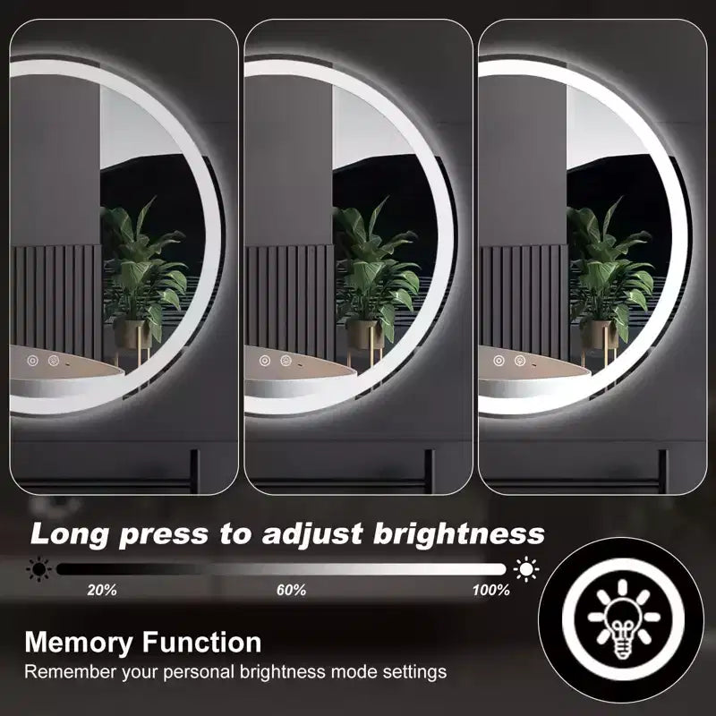 Miroir de salle de bain LED rond JIONJOY anti-buée avec cadre, 3 couleurs de lumière et luminosité variable pour coiffeuse de salle de bain