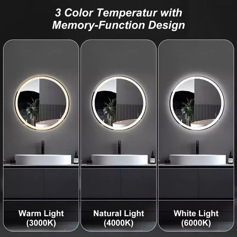 Miroir de salle de bain LED rond JIONJOY anti-buée avec cadre, 3 couleurs de lumière et luminosité variable pour coiffeuse de salle de bain