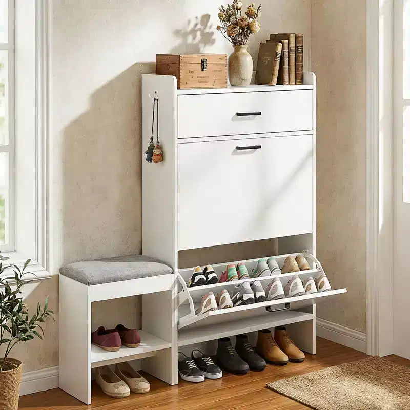 Meuble à chaussures 2 tiroirs Karl Home avec tabouret rembourré rabattable 1 crochet 117 cm de largeur