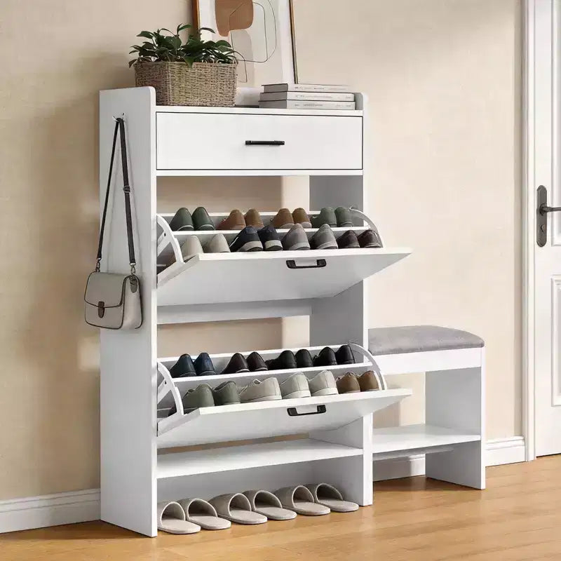 Meuble à chaussures 2 tiroirs Karl Home avec tabouret rembourré rabattable 1 crochet 117 cm de largeur