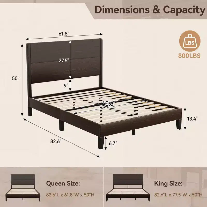 Dyonery Platform Bed Frame with 50 Tall Headboard, Solid Wood Slat Support, Noise-Free Mattress Foundation, No Box Spring Needed